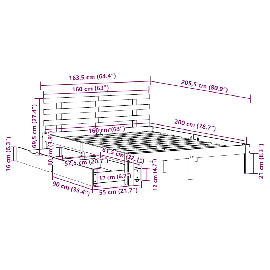Giroletto con Cassetti 160x200 cm in Legno Massello di Pino