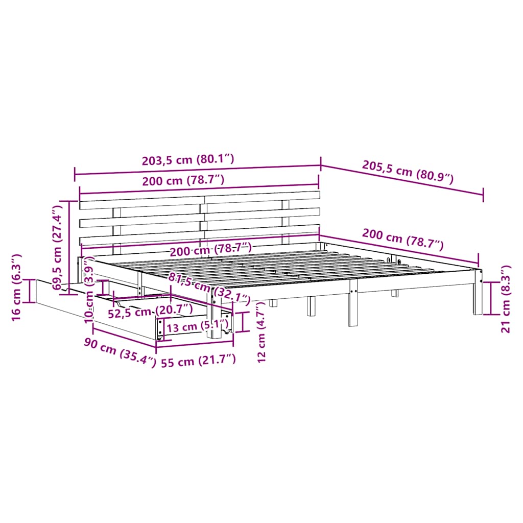 Giroletto con Cassetti 200x200 cm in Legno Massello di Pino