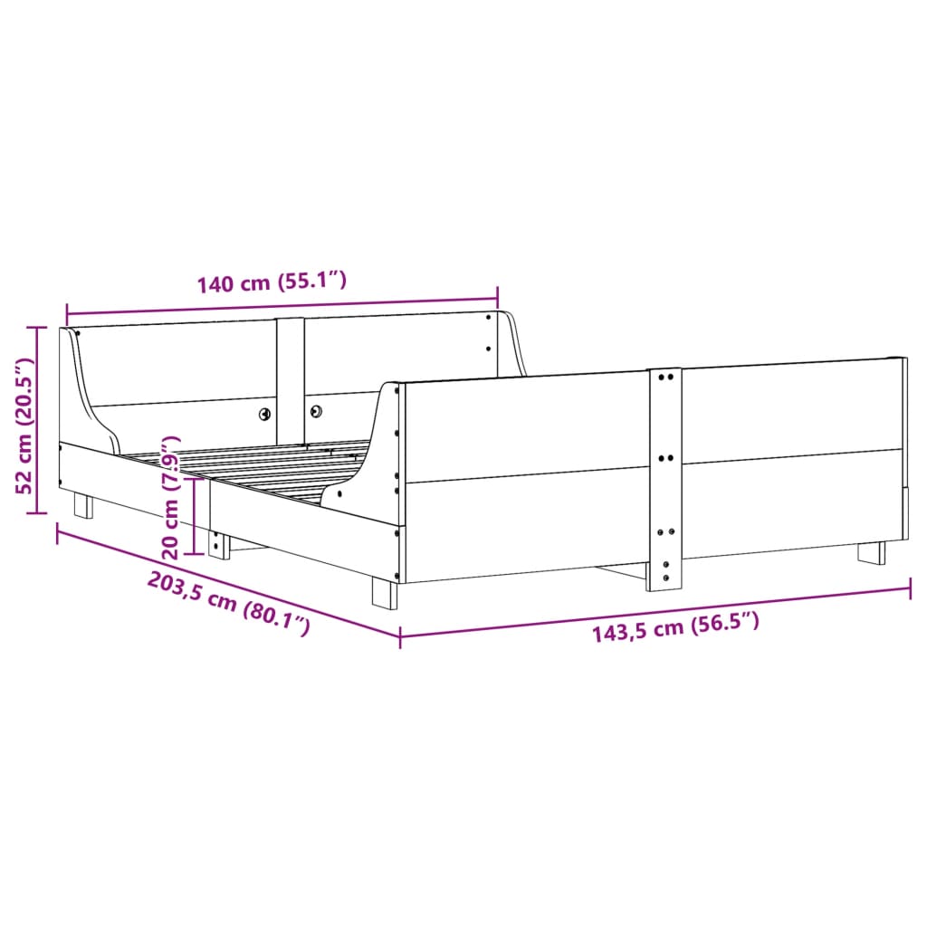 Letto senza Materasso 140x200 cm in Legno Massello di Pino | homemem39