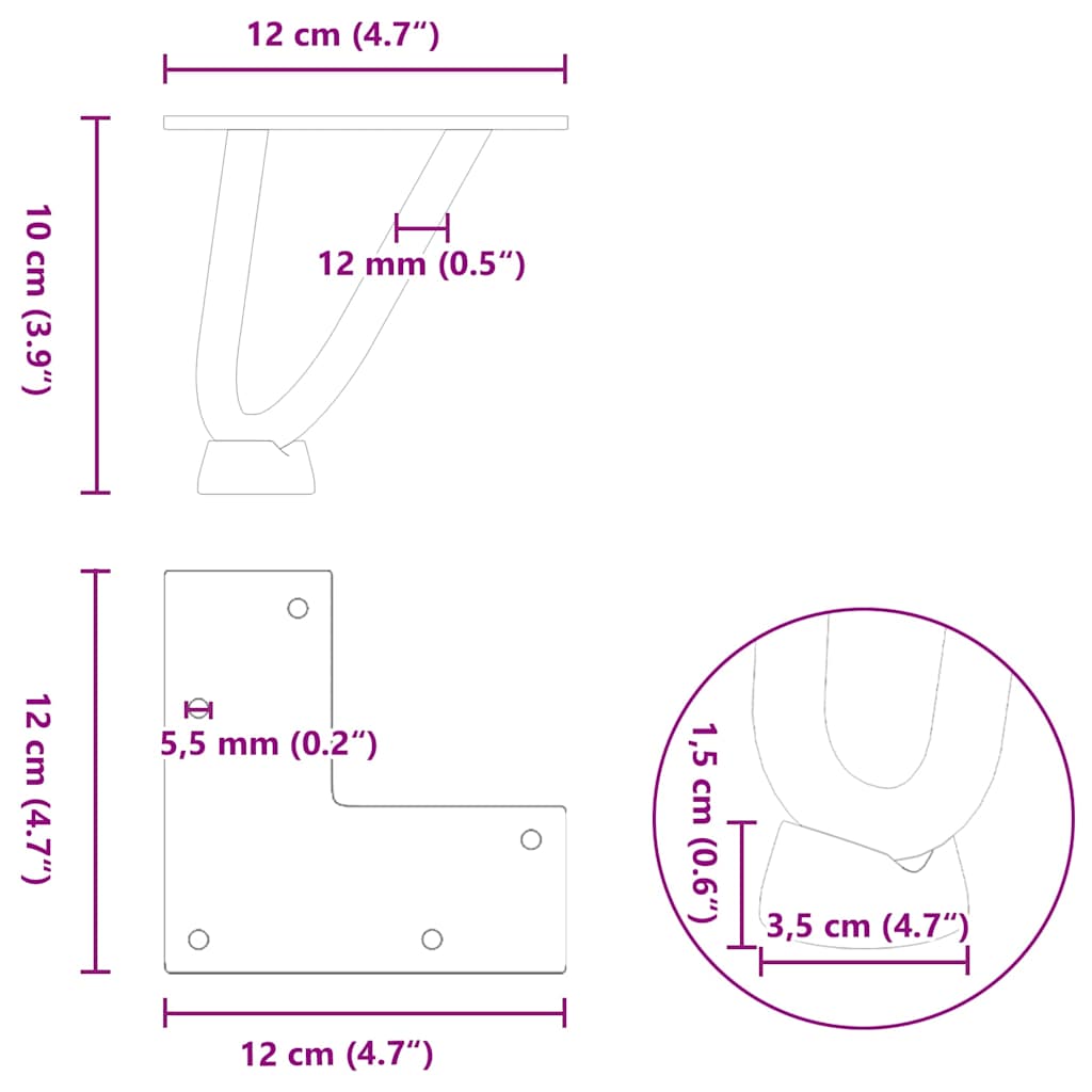 Gambe a forcina per tavolino 4 pz in acciaio naturale 10 cm in acciaio massiccio | homemem39