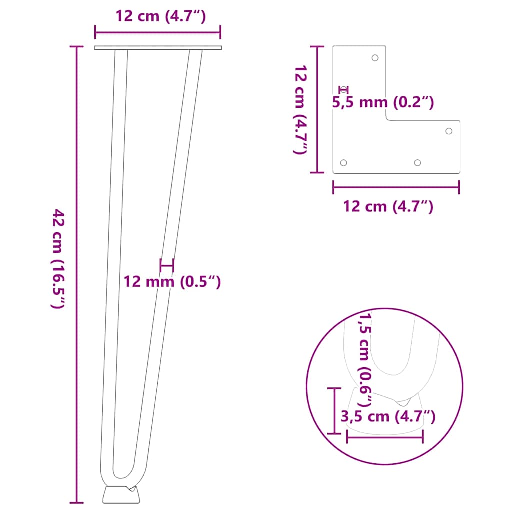 Gambe a forcina per tavolino 4 pz antracite 42 cm acciaio massiccio