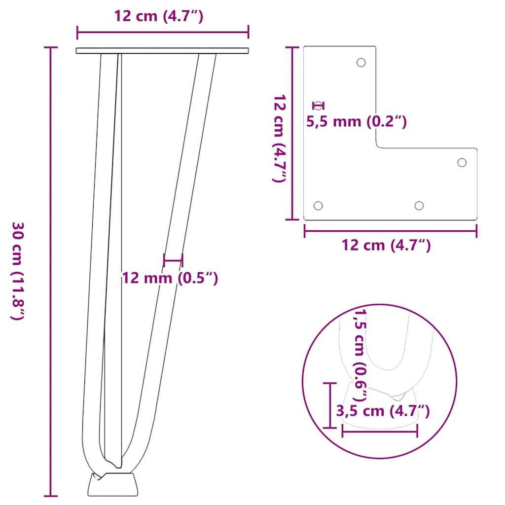 Gambe a forcina per tavolino 4 pz in acciaio naturale 30 cm in acciaio massiccio