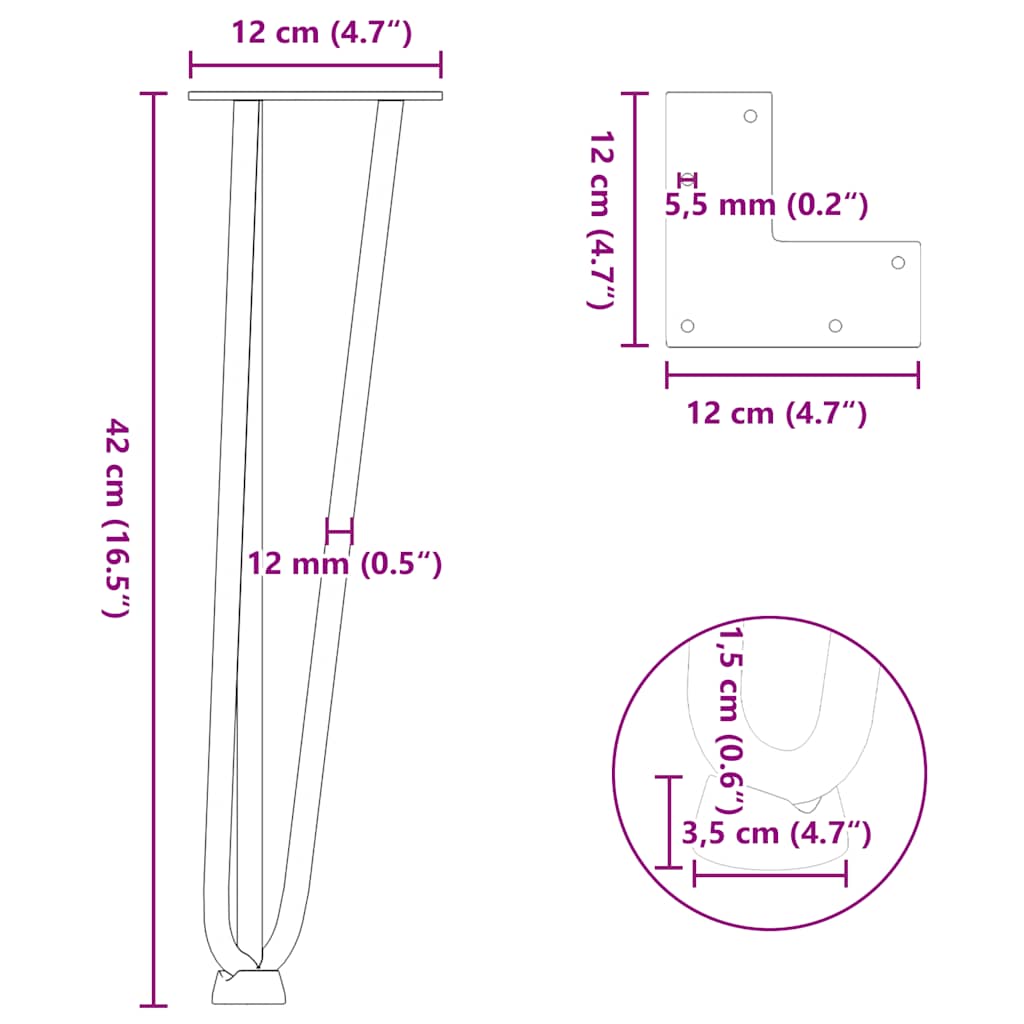 Gambe a forcina per tavolino 4 pz in acciaio naturale 42 cm in acciaio massiccio | homemem39