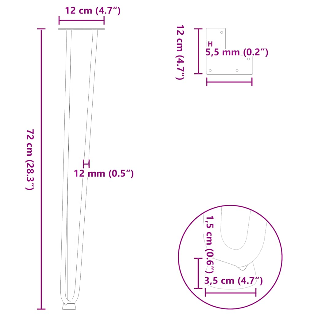Gambe a forcina per tavoli consolle 4 pz in acciaio naturale 72 cm in acciaio massiccio | homemem39