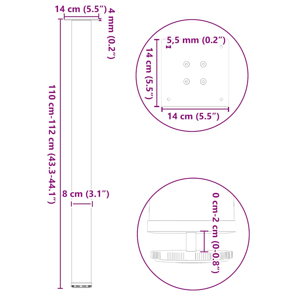 Gambe per tavolo da bar 4 pz in acciaio naturale 110-112 cm | homemem39