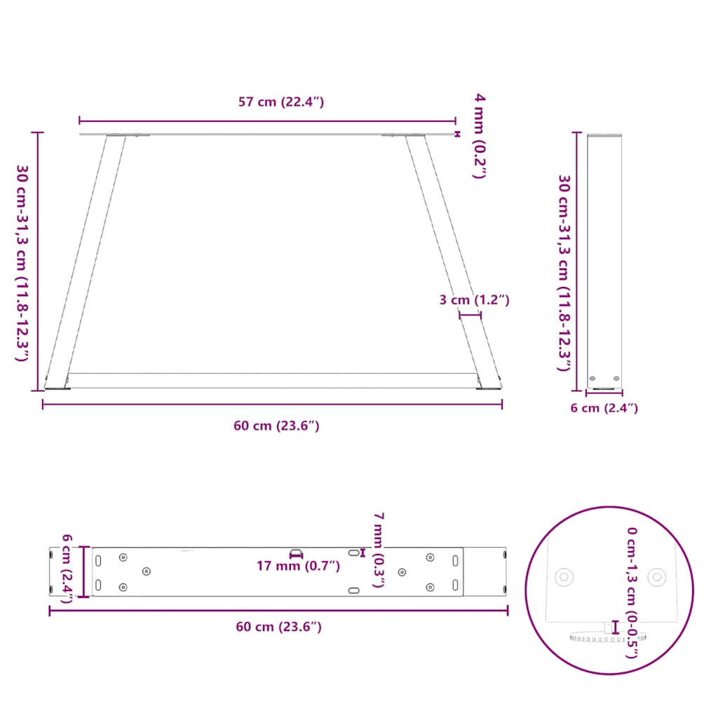 Gambe per Tavolino da Caffè a Forma di V 2 pz Acciaio Naturale 60x(30-31,3) cm Acciaio