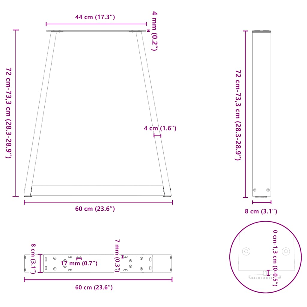 Gambe per tavolo da pranzo a forma di V 2 pz bianche 60x(72-73,3) cm in acciaio | homemem39