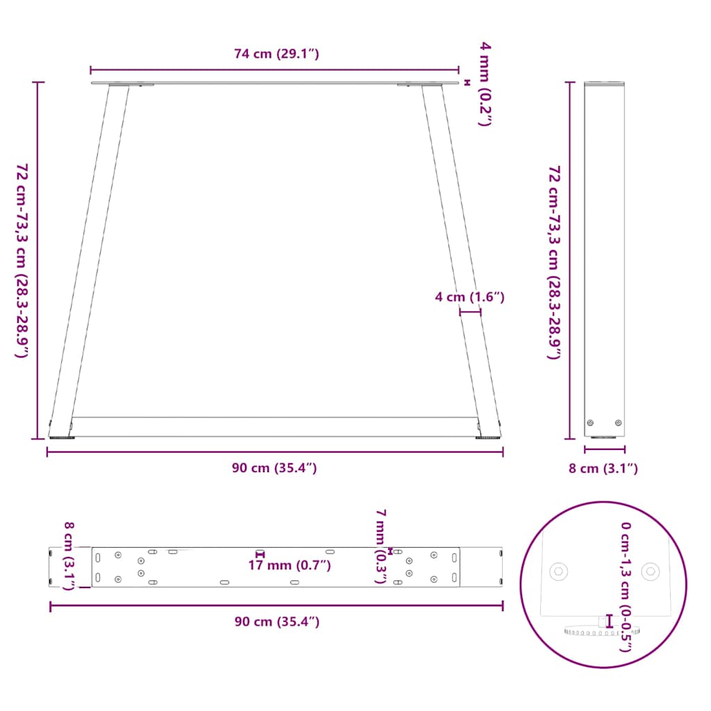 Gambe per tavolo da pranzo a forma di V 3 pz in acciaio naturale 90x(72-73,3) cm | homemem39