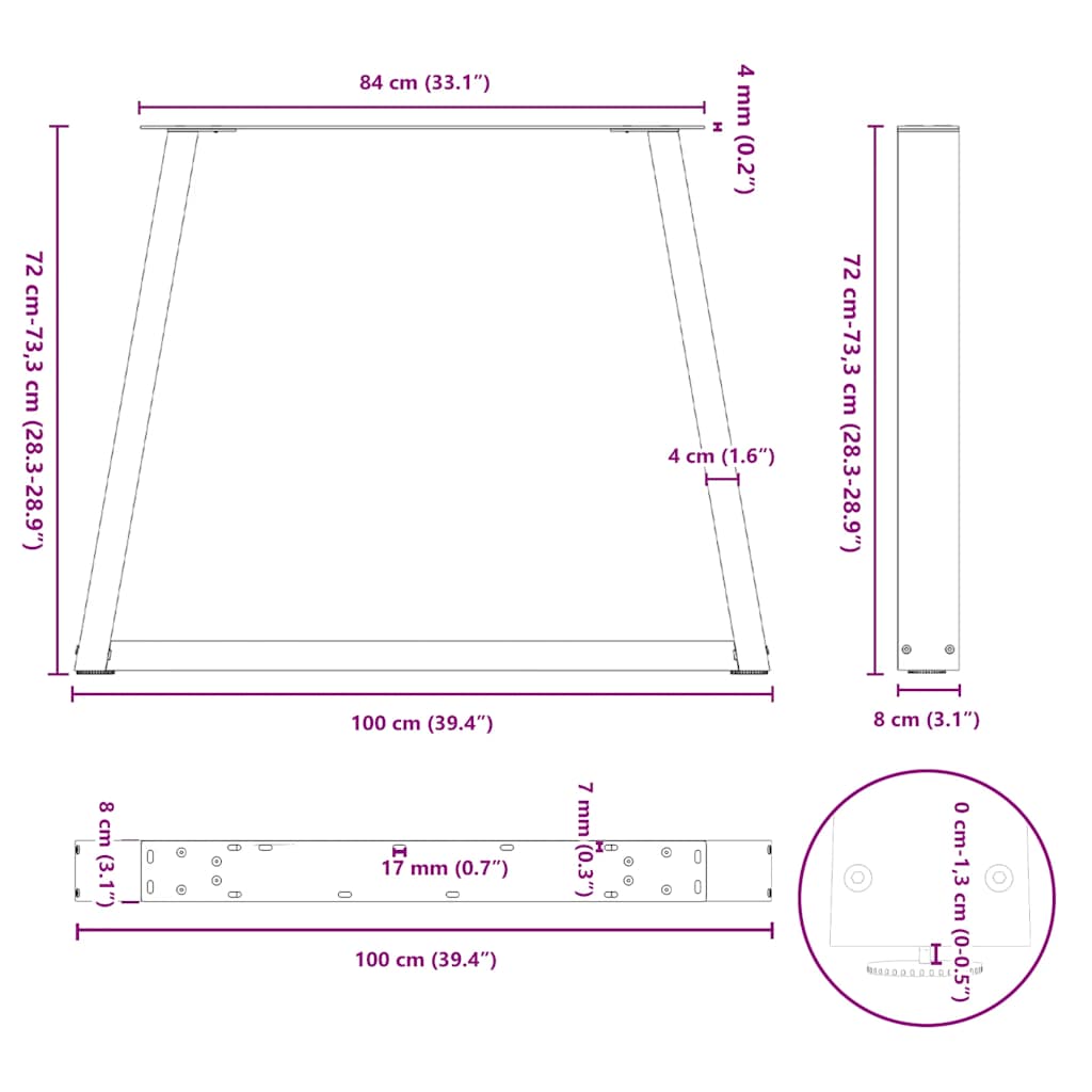 Gambe per tavolo da pranzo a forma di V 3 pz bianche 100x(72-73,3) cm in acciaio | homemem39