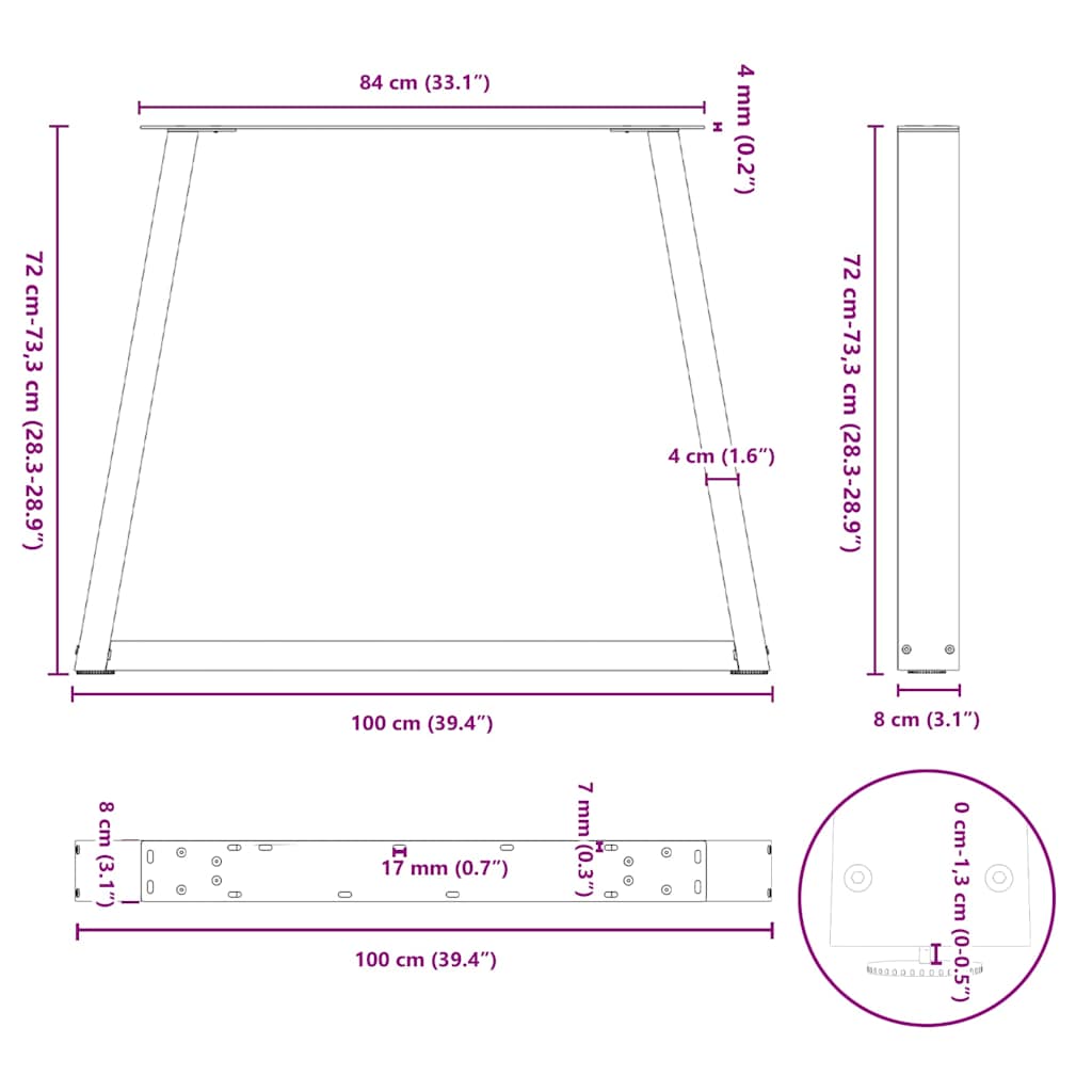 Gambe per tavolo da pranzo a forma di V 3 pz in acciaio naturale 100x(72-73,3) cm