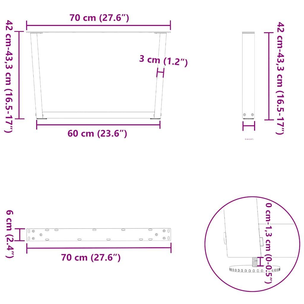 Gambe per Tavolino da Caffè a Forma di V 2 pz Acciaio Naturale 70x(42-43,3) cm Acciaio
