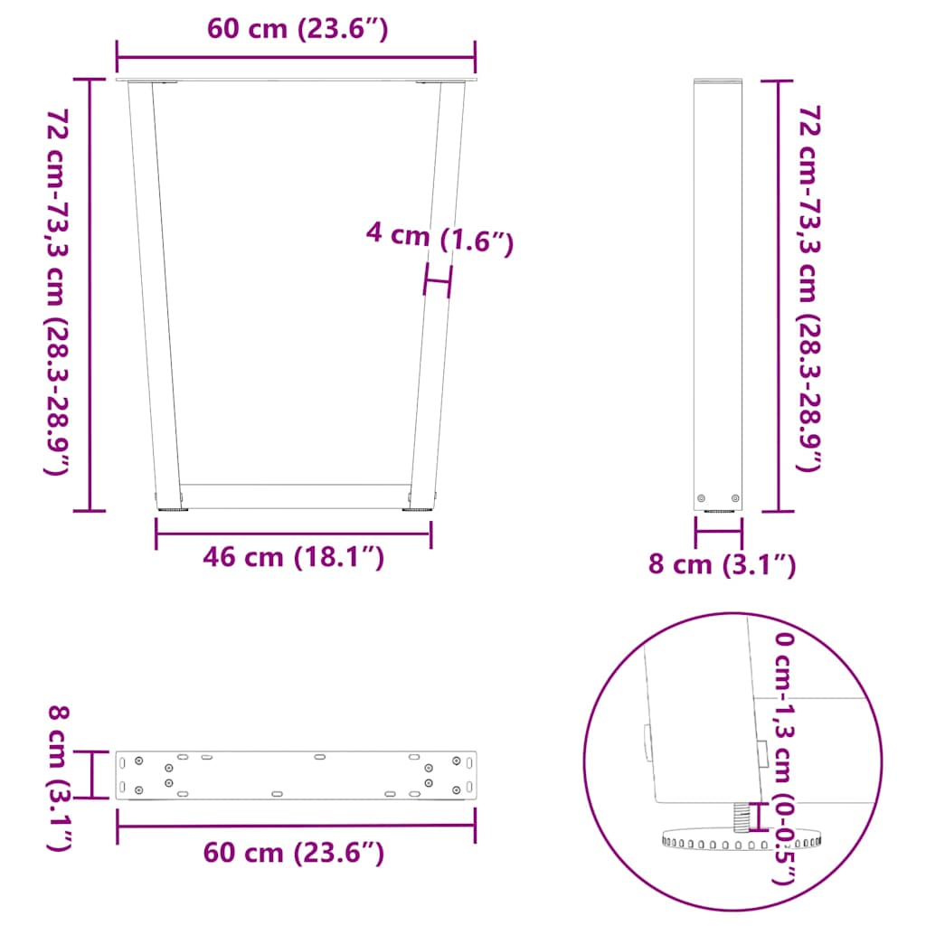 Gambe per tavolo da pranzo a forma di V 2 pz nere 60x(72-73,3) cm in acciaio | homemem39