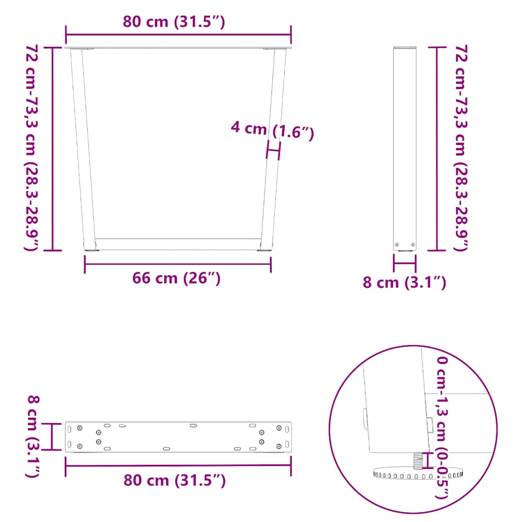 Gambe per tavolo da pranzo a forma di V 2 pz bianche 80x(72-73,3) cm in acciaio | homemem39