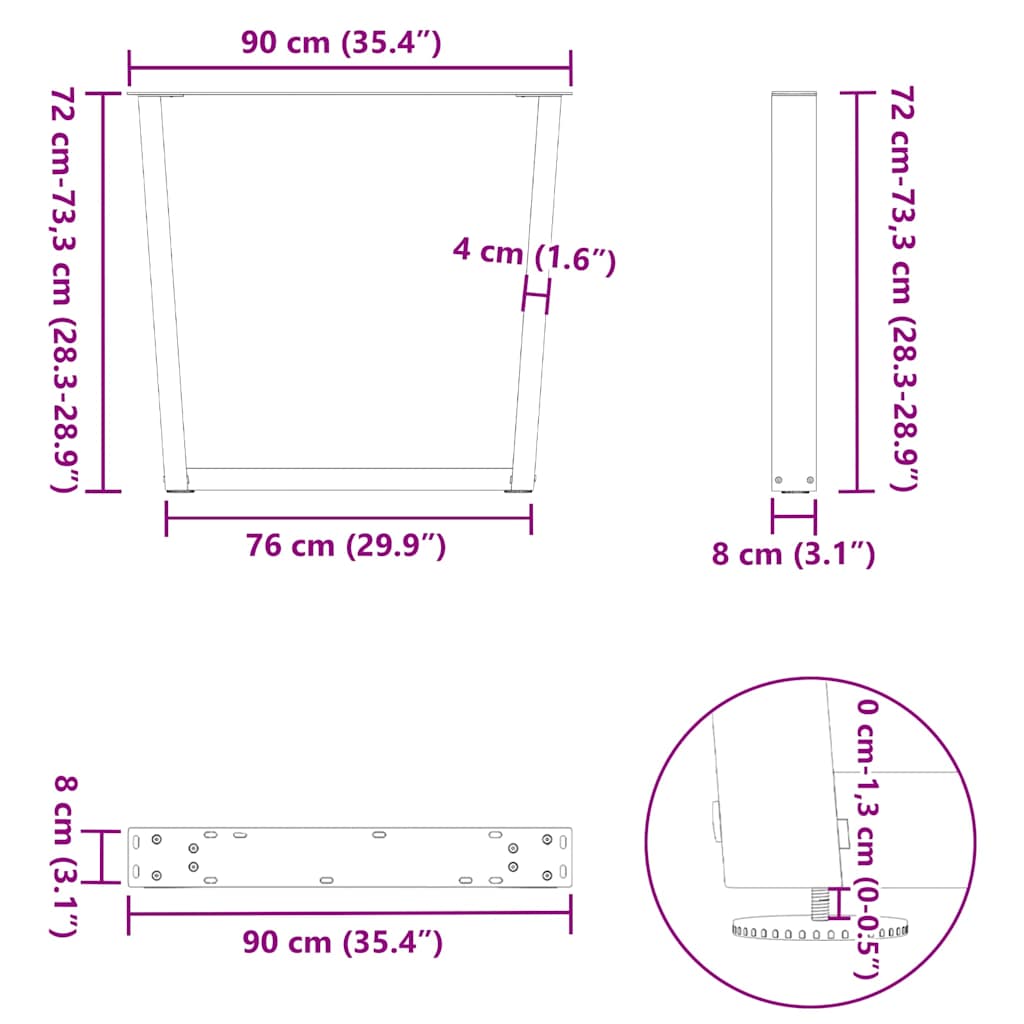 Gambe per tavolo da pranzo a forma di V 2 pz bianche 90x(72-73,3) cm in acciaio | homemem39