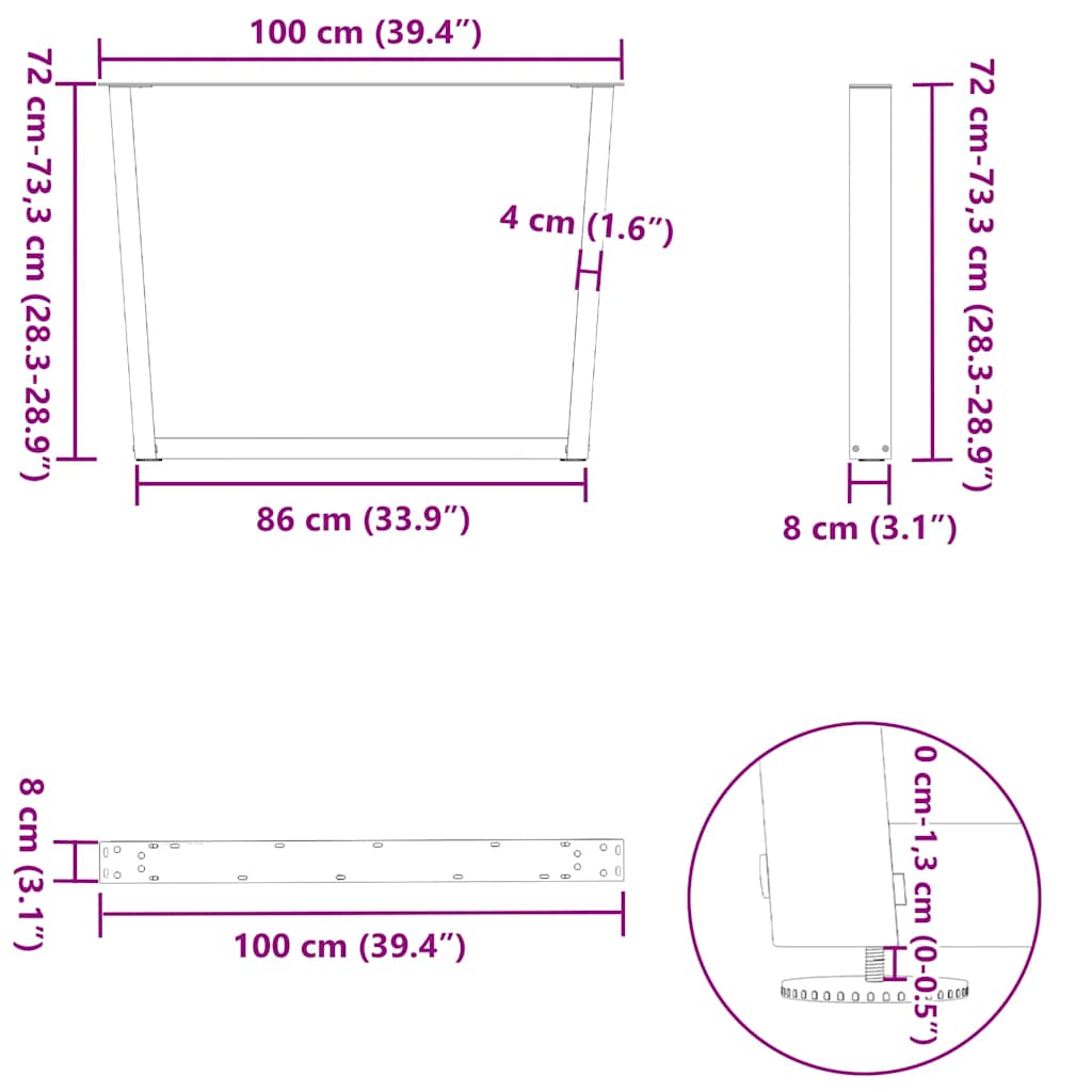 Gambe per tavolo da pranzo a forma di V 2 pz nere 100x(72-73,3) cm in acciaio | homemem39