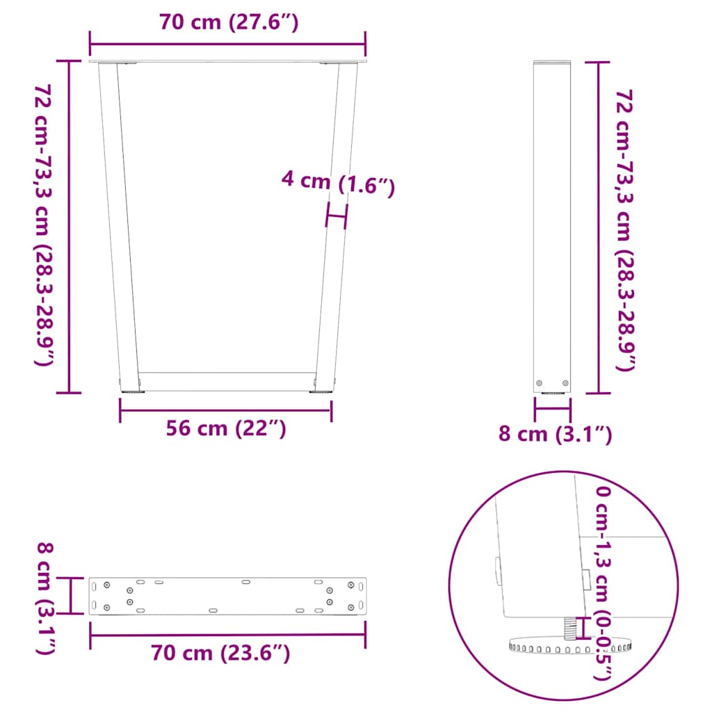 Gambe per tavolo da pranzo a forma di V 3 pz bianche 70x(72-73,3) cm in acciaio | homemem39