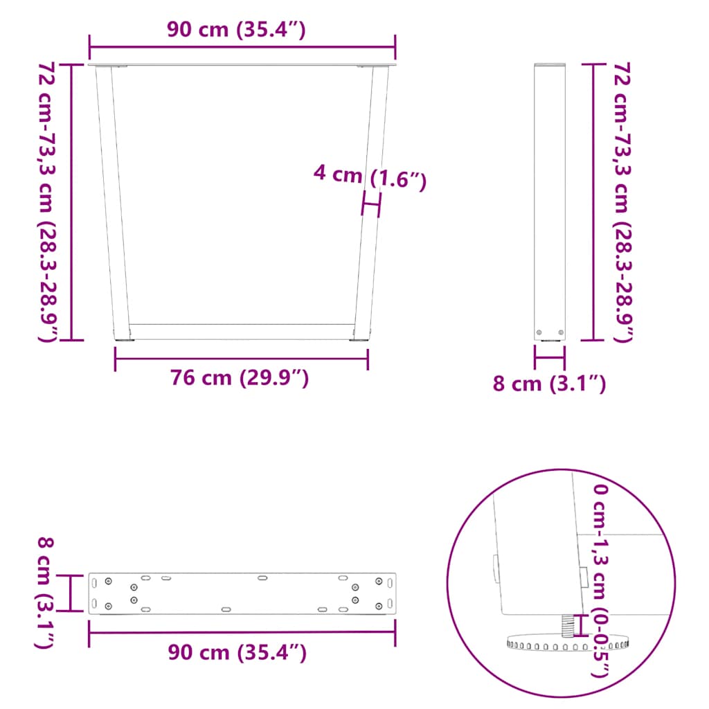 Gambe per tavolo da pranzo a forma di V 3 pz in acciaio naturale 90x(72-73,3) cm | homemem39