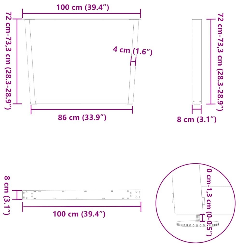 Gambe per tavolo da pranzo a forma di V 3 pz in acciaio naturale 100x(72-73,3) cm | homemem39