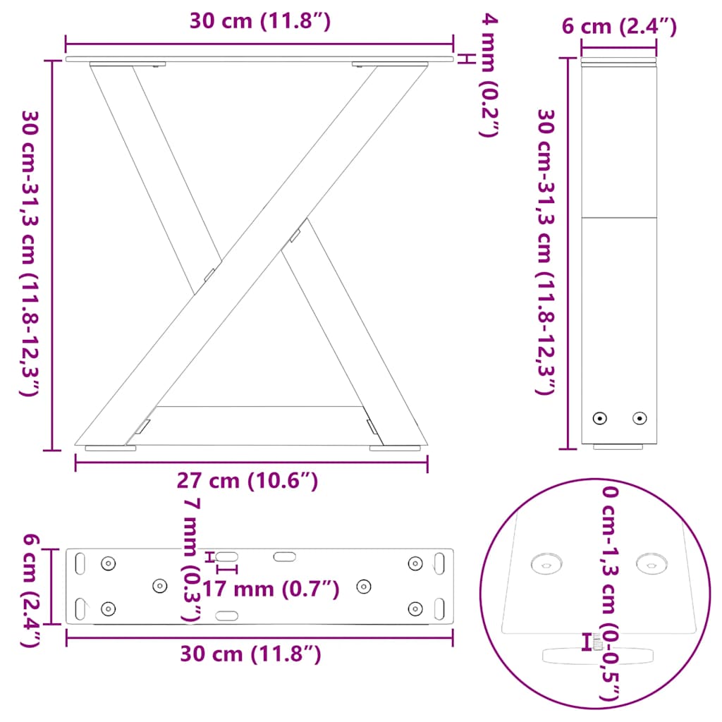Gambe per Tavolino 2 pz Nero 30x(30-31,3) cm in Acciaio