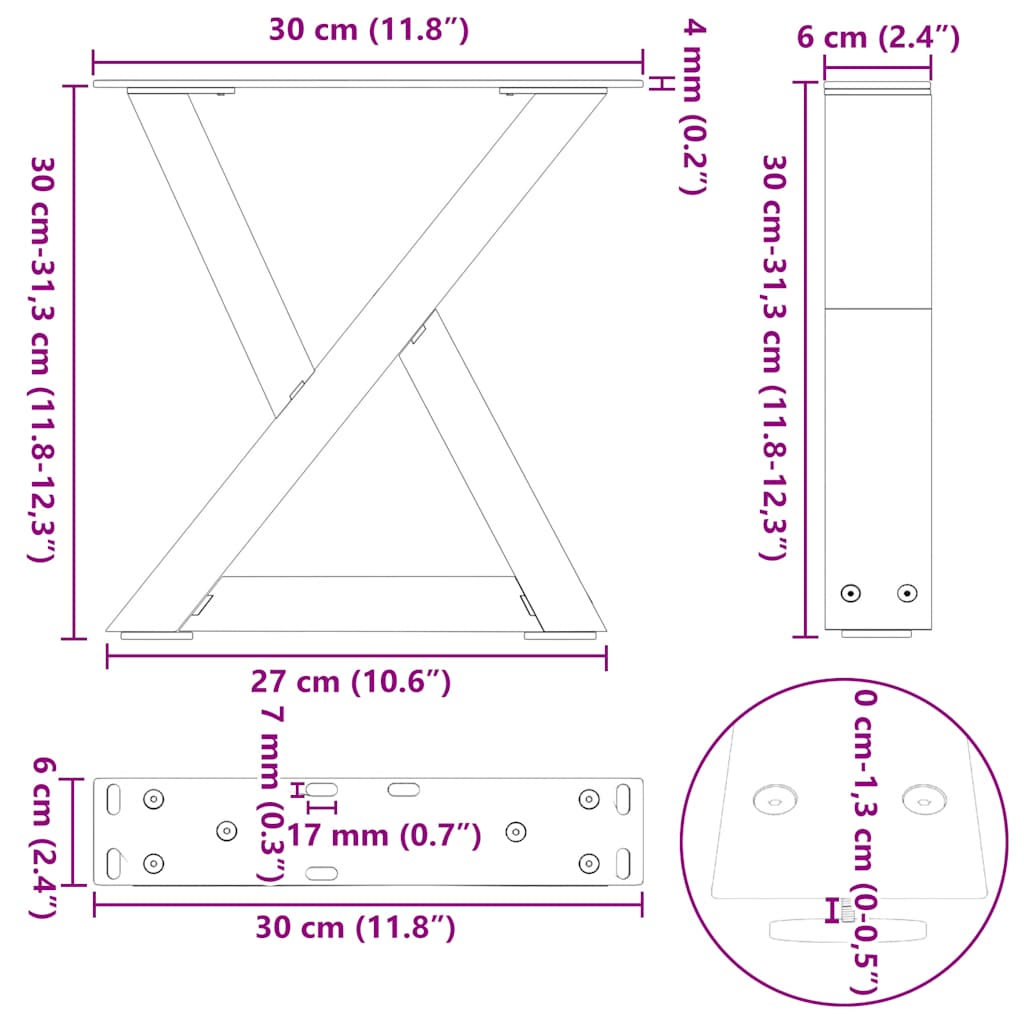 Gambe per Tavolino da Caffè 2 pz in Acciaio Naturale 30x(30-31,3) cm Acciaio | homemem39