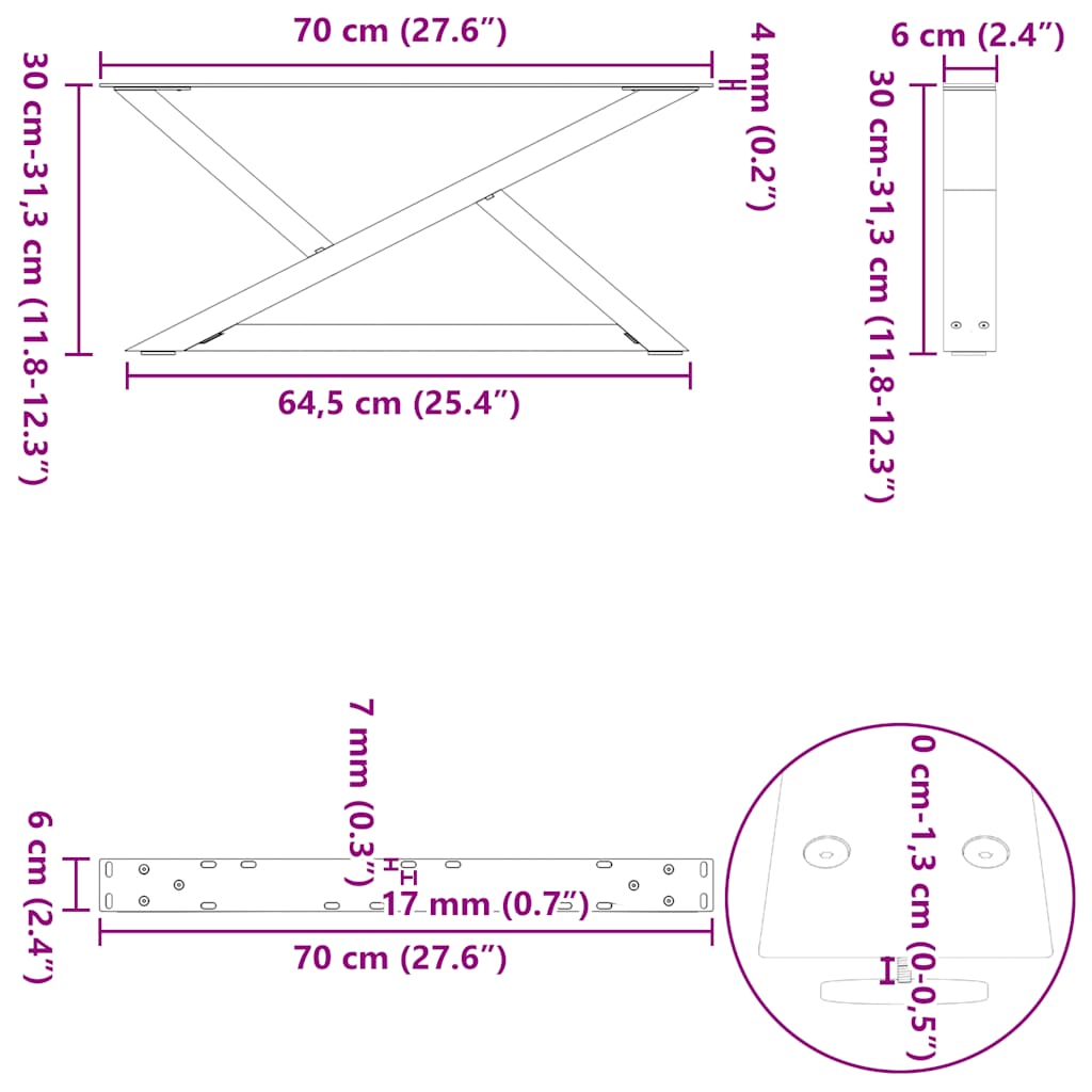 Gambe per tavolino da caffè 2 pz in acciaio naturale 70x(30-31,3) cm | homemem39