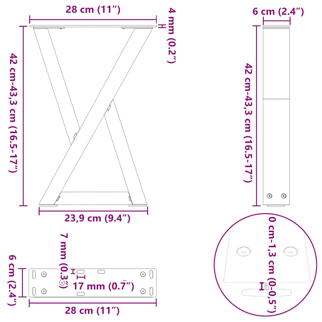 Gambe per Tavolino da Caffè 2 pz Acciaio Naturale 28x(42-43,3) cm Acciaio | homemem39
