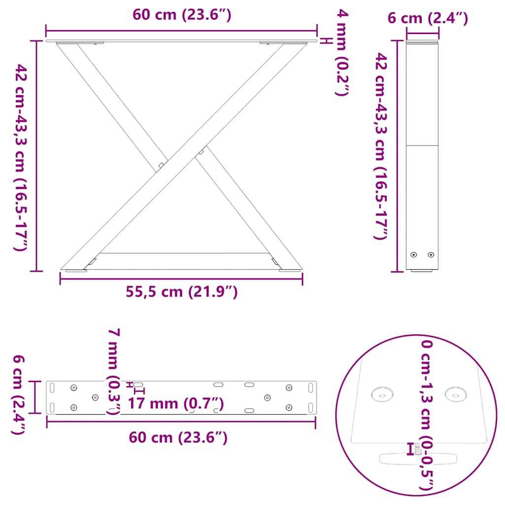 Gambe per Tavolino 2 pz Nero 60x(42-43,3) cm in Acciaio