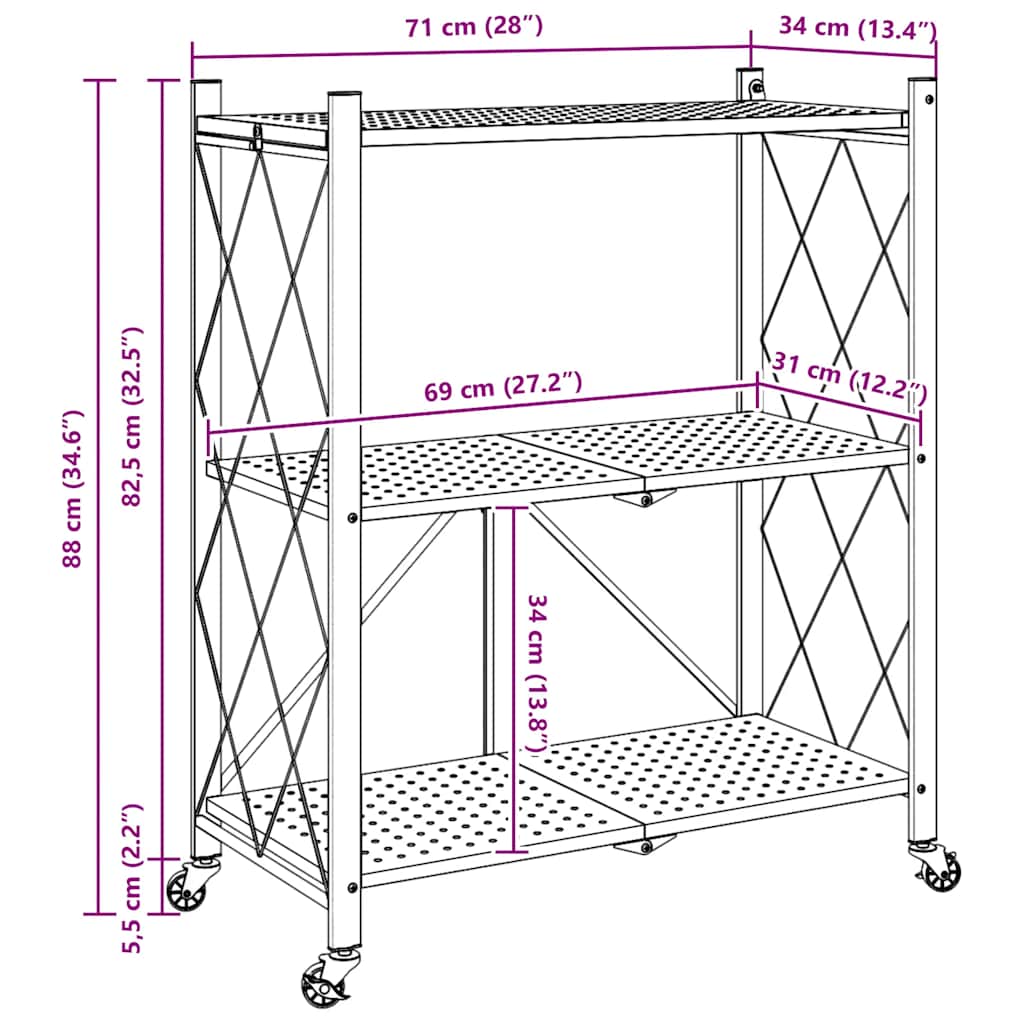 Scaffale portaoggetti con ruote nero 71x34x88 cm in acciaio | homemem39