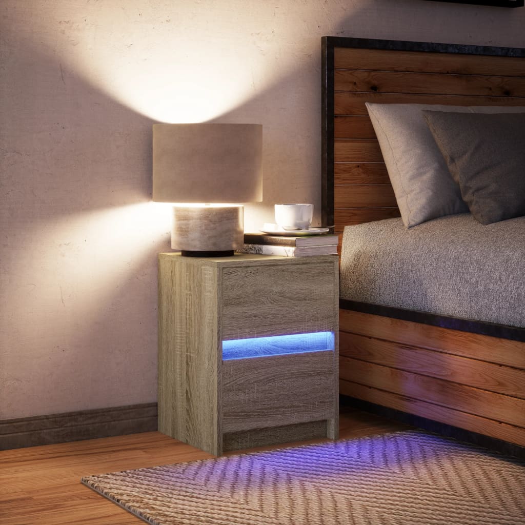 Comodino con Luci LED Rovere Sonoma in Legno Multistrato
