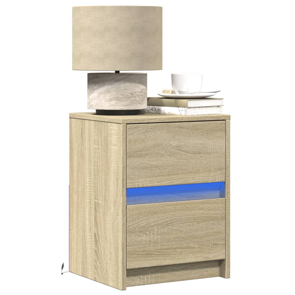 Comodino con Luci LED Rovere Sonoma in Legno Multistrato