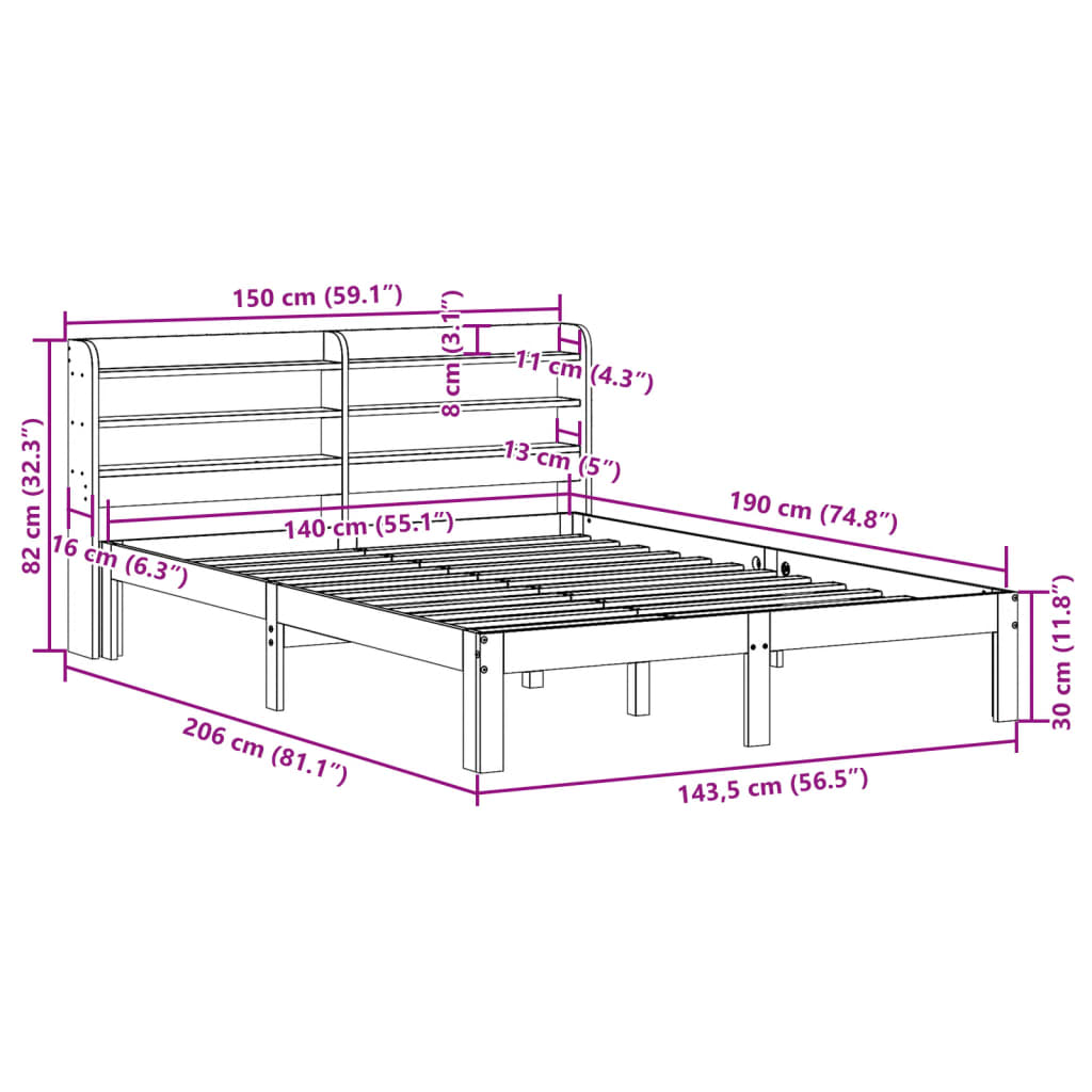 Letto senza Materasso Marrone Cera 140x190 cm in Legno di Pino | homemem39