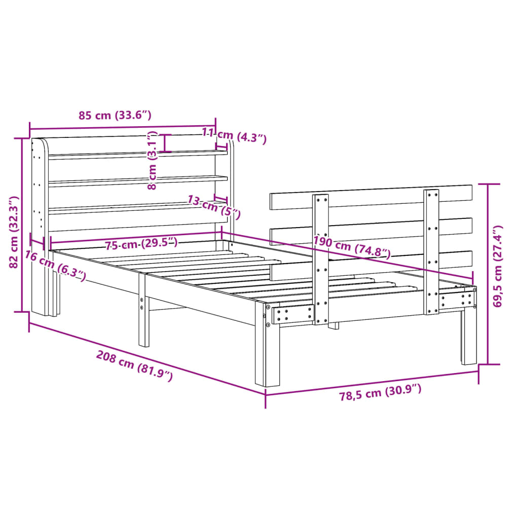 Giroletto con Testiera 75x190 cm in Legno Massello di Pino | homemem39