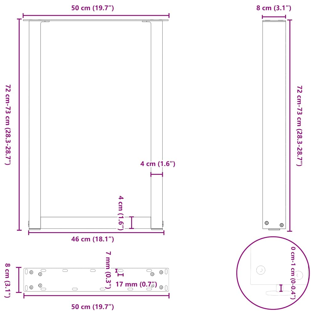 Gambe per tavolo da pranzo a forma di U 2 pz nere 50x(72-73) cm in acciaio | homemem39