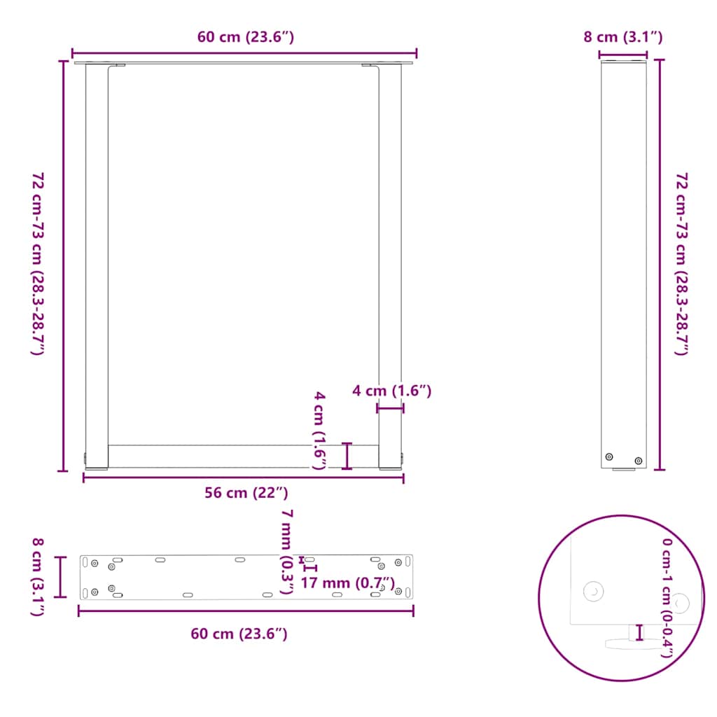 Gambe per tavolo da pranzo a forma di U 2 pz in acciaio naturale 60x(72-73) cm | homemem39