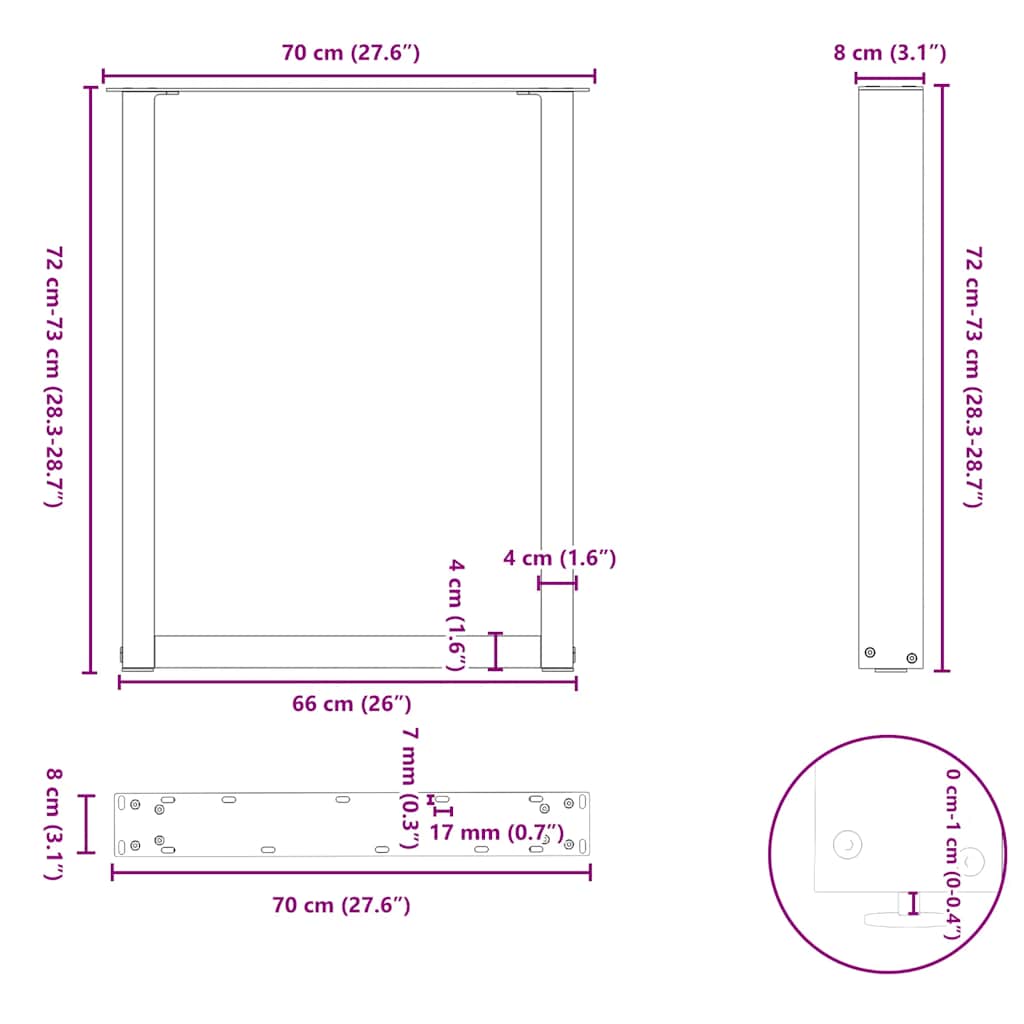 Gambe per tavolo da pranzo a forma di U 2 pz nere 70x(72-73) cm in acciaio | homemem39