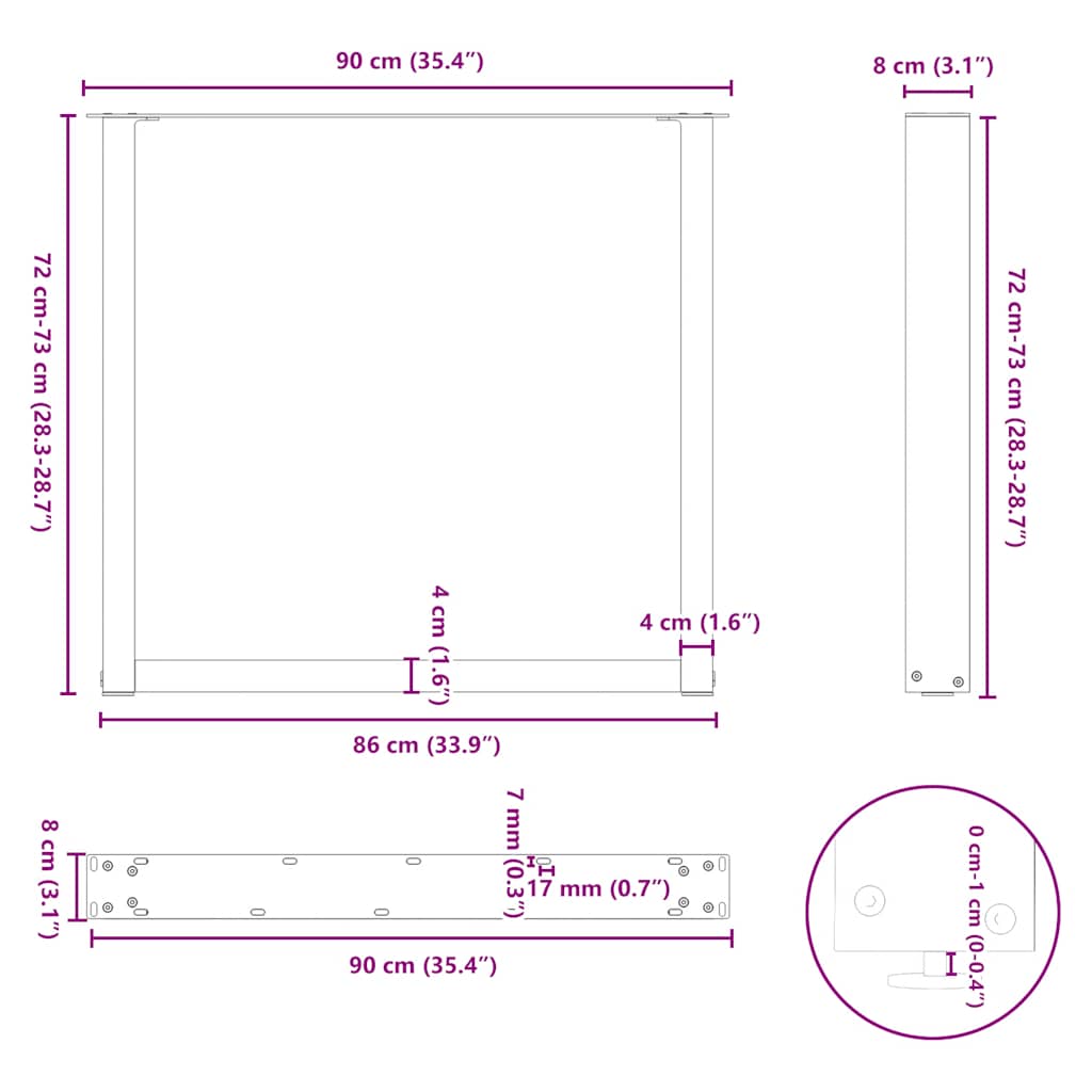 Gambe per tavolo da pranzo a forma di U 2 pz nere 90x(72-73) cm