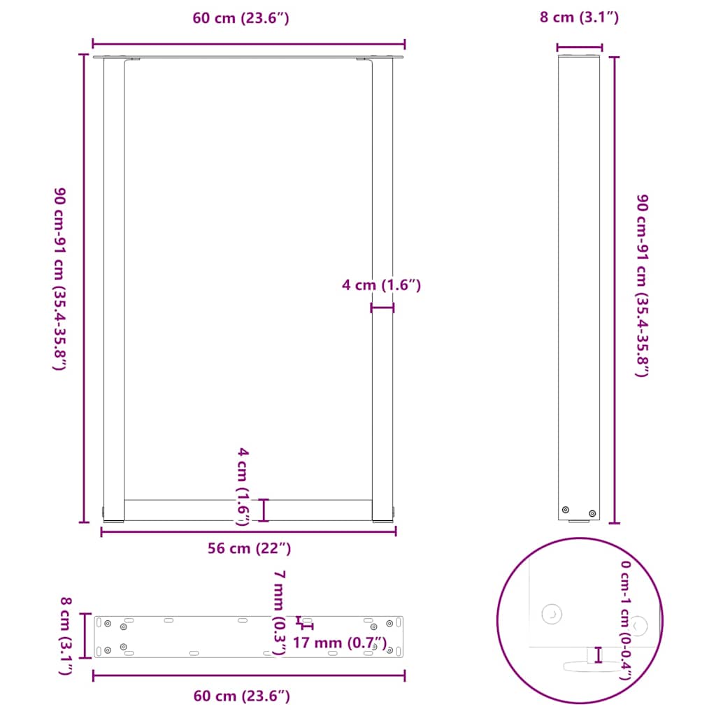 Gambe per tavolo da bar a forma di U 2 pz in acciaio naturale 60x(90-91) cm | homemem39
