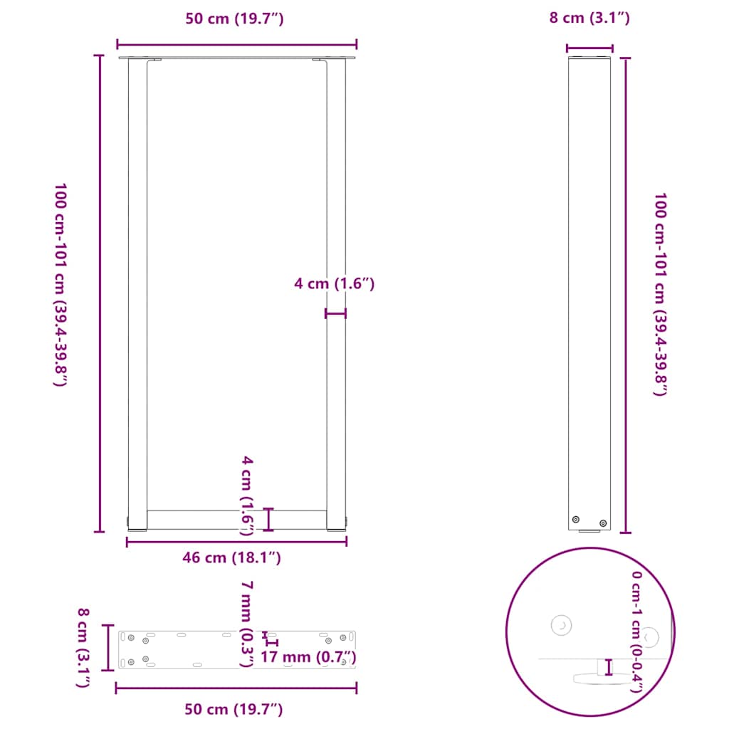 Gambe per tavolo da bar a forma di U 2 pz nere 50x(100-101) cm in acciaio | homemem39
