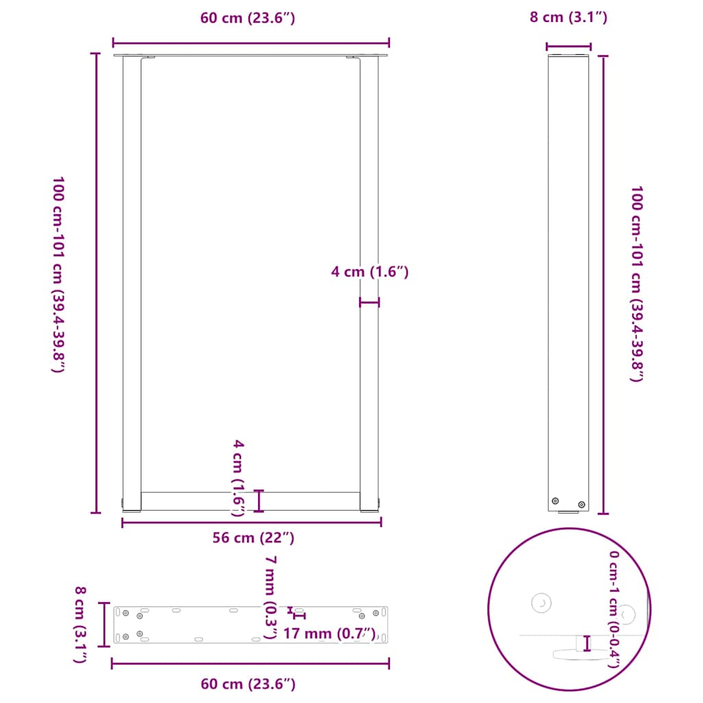 Gambe per tavolo da bar a forma di U 2 pz in acciaio naturale 60x(100-101) cm | homemem39
