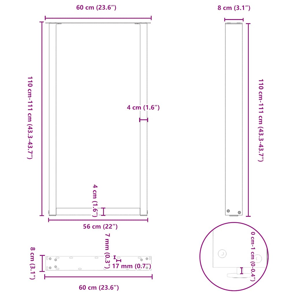 Gambe per tavolo da bar a forma di U 2 pz nere 60x(110-111) cm in acciaio | homemem39