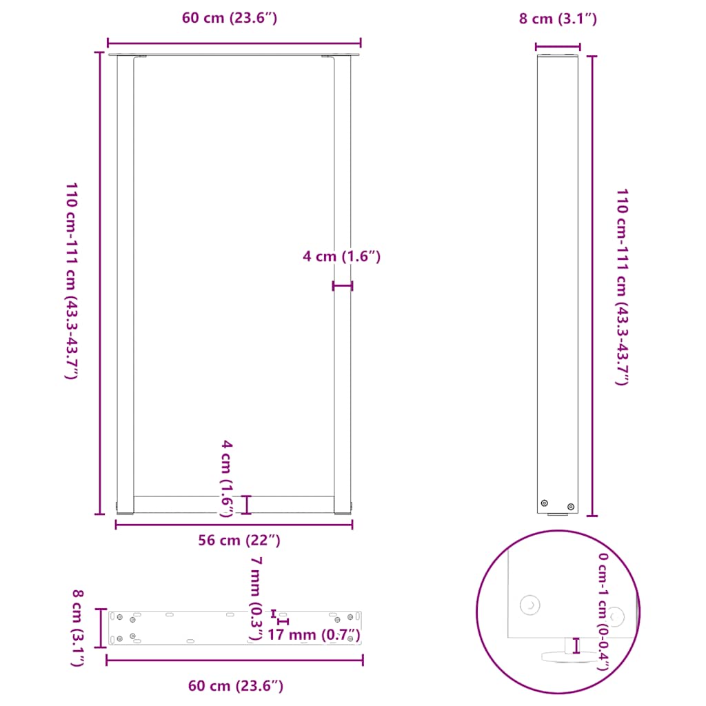 Gambe per tavolo da bar a forma di U 2 pz bianche 60x(110-111) cm in acciaio | homemem39