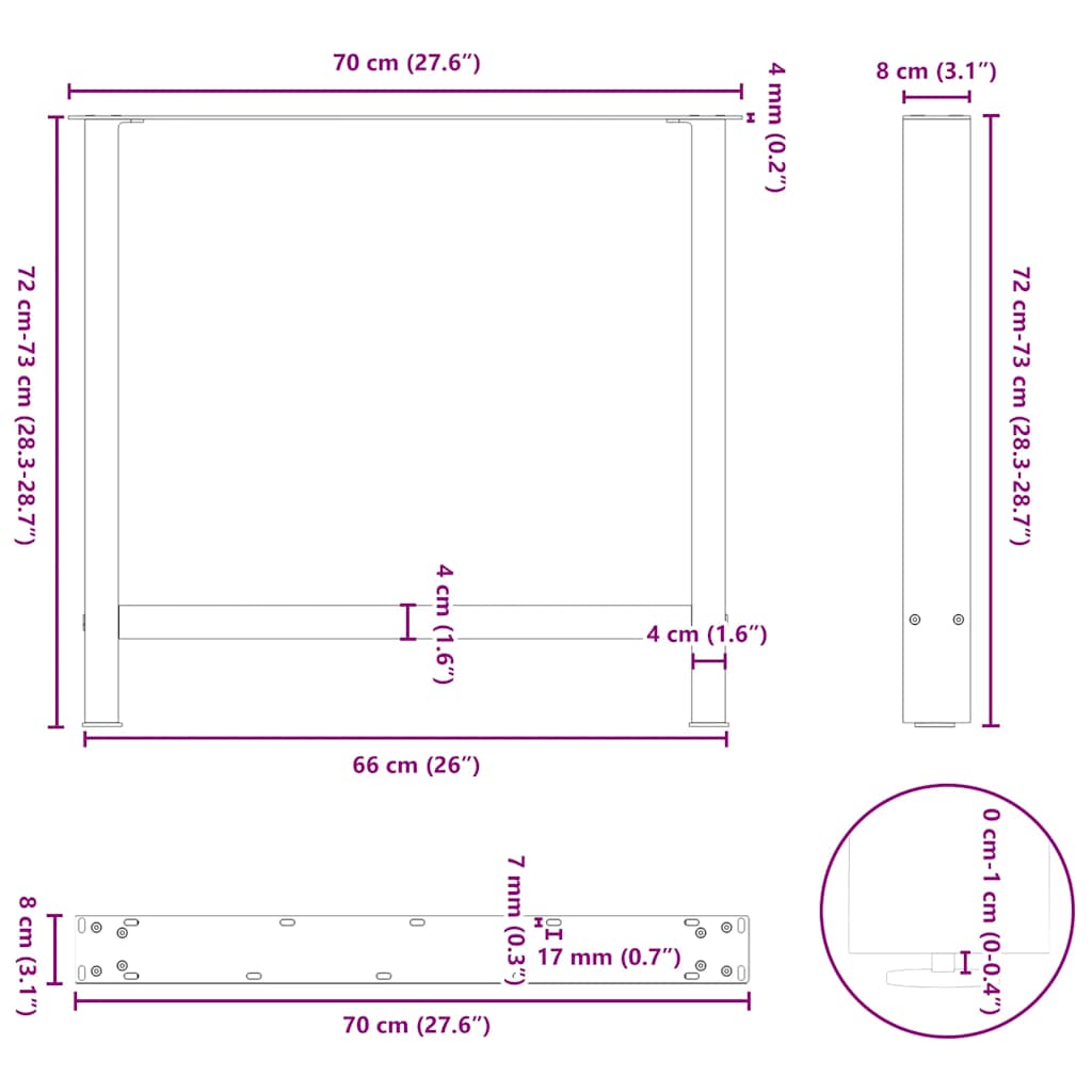 Gambe per tavolo da pranzo nere 2 pz 70x(72-73) cm in acciaio | homemem39