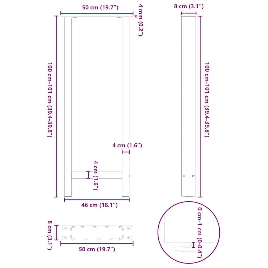 Gambe per tavolo da bar in acciaio naturale 2 pz 50x(100-101) cm in acciaio | homemem39