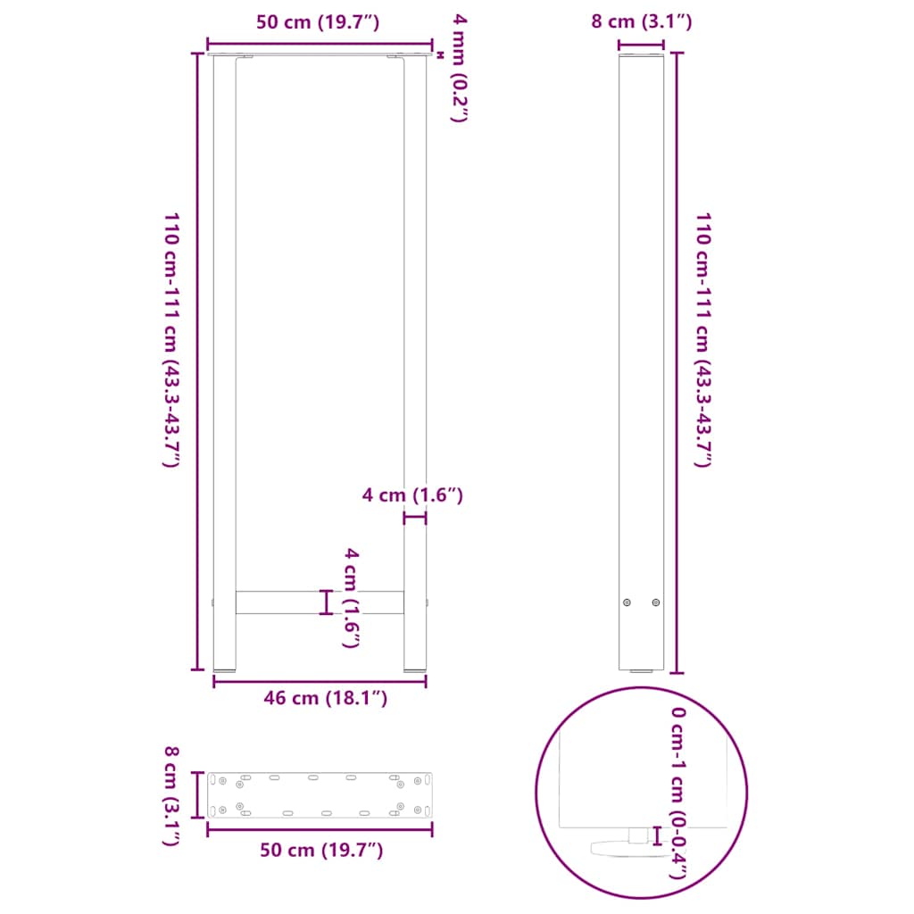 Gambe per Tavolino Bianco 2 pz 50x(110-111) cm Acciaio