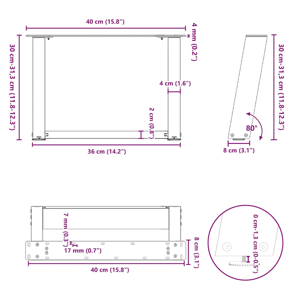 Gambe Tavolino Caffè a U 2 pz Antracite 40x(30-31)cm in Acciaio