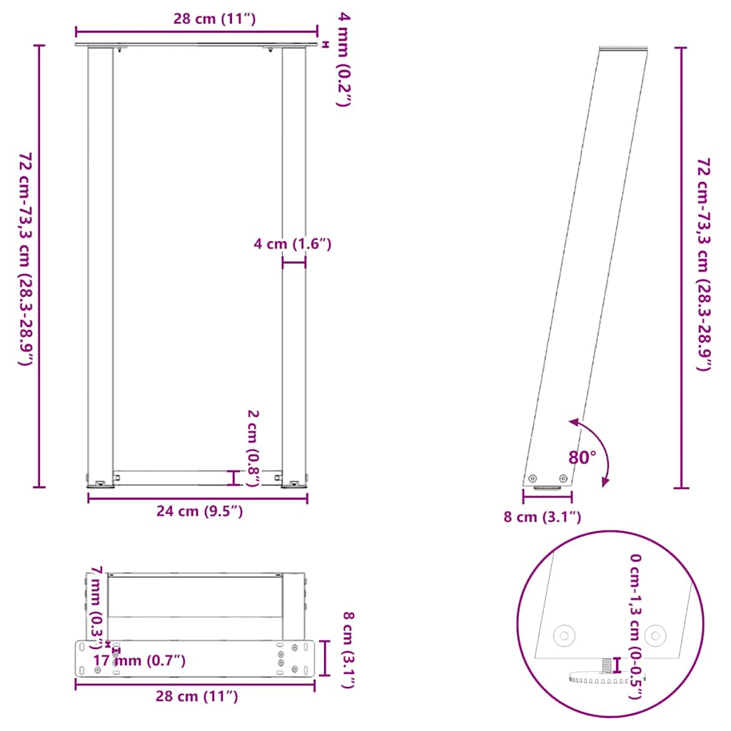 Gambe per tavolo consolle a forma di U 2 pz bianche 28x(72-73) cm in acciaio | homemem39