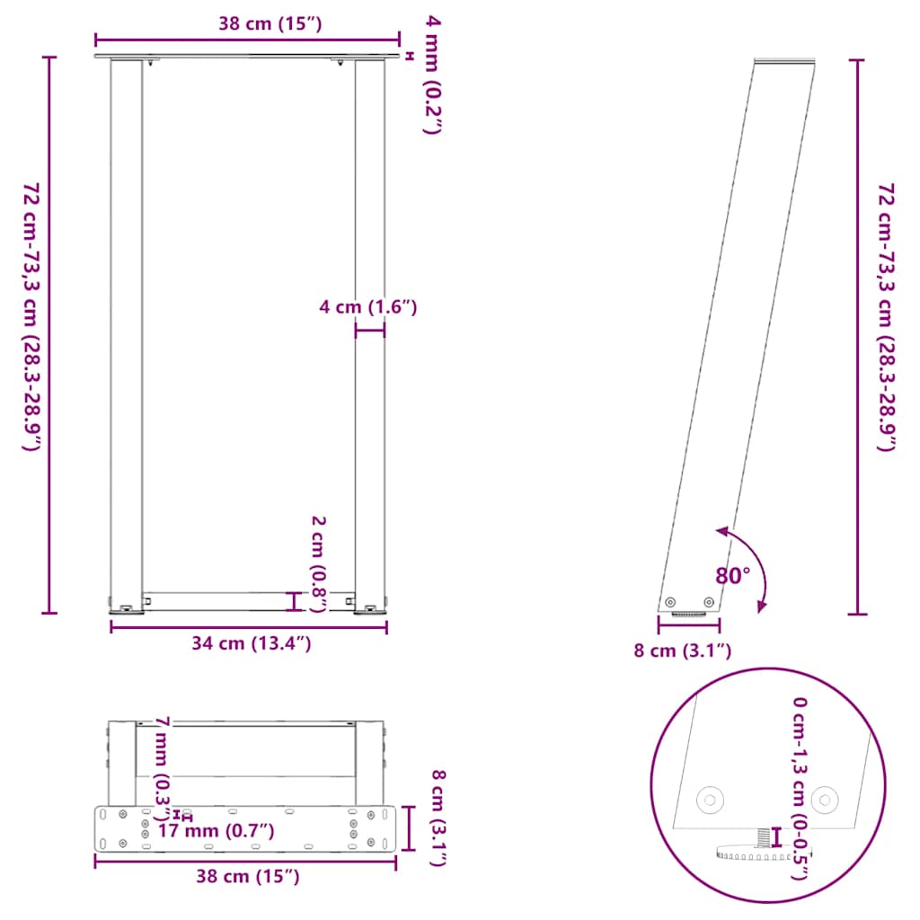 Gambe per tavolo consolle a forma di U 2 pz in acciaio naturale 38x(72-73) cm | homemem39
