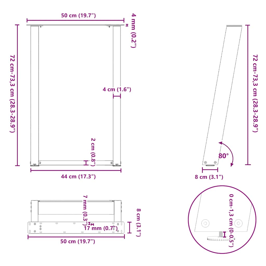Gambe per tavolo da pranzo a forma di U 2 pz bianche 50x(72-73) cm in acciaio | homemem39