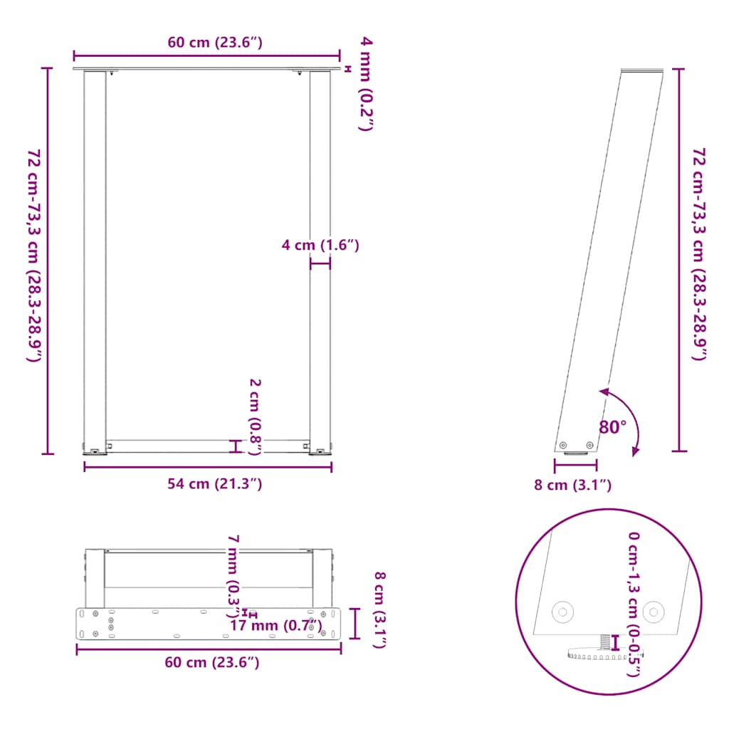 Gambe per tavolo da pranzo a forma di U 2 pz nere 60x(72-73) cm in acciaio | homemem39