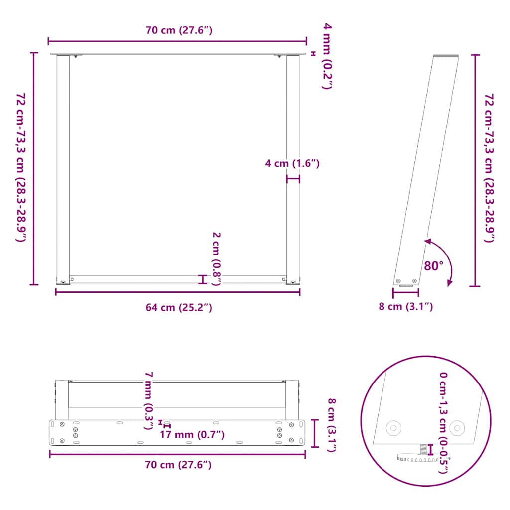 Gambe per tavolo da pranzo a forma di U 2 pz nere 70x(72-73) cm in acciaio | homemem39